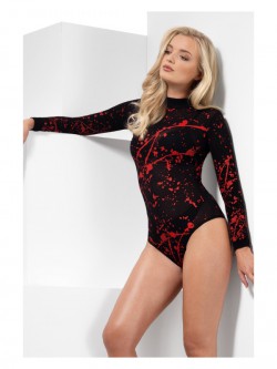 Fever - Opaque Bloody Bodysuit, Black & Red - FV44788