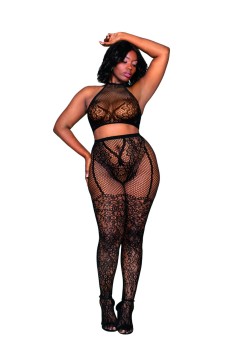 Dreamgirl - Women's Plus Size Bralette & Pantyhose Bodystocking Set with Knitted Lace Detail - DG0391X