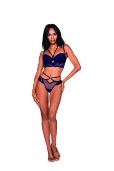 Dreamgirl - Women's Fishnet & Scalloped Lace Bra Set with Plunge Neckline & Matching Thong - DG12431