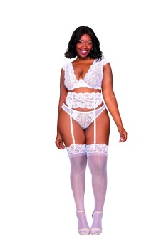 Dreamgirl - Women's Plus Size Bra Garterbelt & Panty Set with Keyhole Satin Bow Back Detail - DG12437X