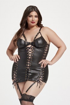 Seven Til Midnight - Vegan leather balconette bra chemise and panty set - STM11492X