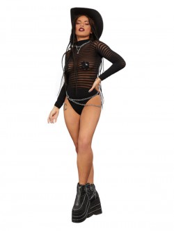 Fever - Fever Long Sleeve Striped Bodysuit, Black - FV61986