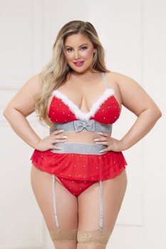 Seven Til Midnight - Three piece rhinestone studded bra, garter straps and mesh thong set - STM11478XP