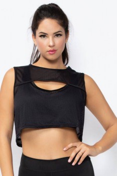 Seven Til Midnight - Athletic Mesh Cropped Tank With Front Cutout And Open Back Criss-Cross Detail - STM30151