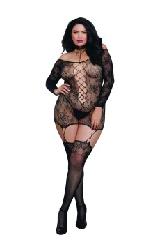 Dreamgirl - Women's Plus Size Lace Patterned Knit Garter Dress with Stockings - DG0318X