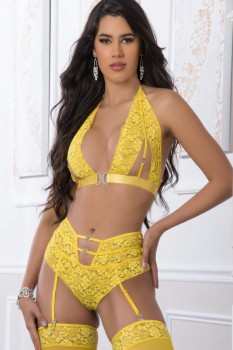 G-World - 3Pc High Waist Garter Laced Panty & Halter Top Set With Stockings - GWL2125