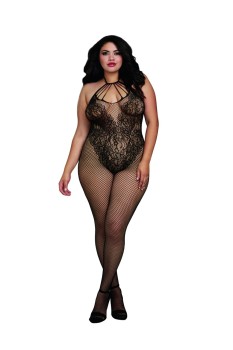 Dreamgirl - Women's Plus Size Fishnet Bodystocking with Knitted Teddy Design and Strappy Neckline - DG0326X