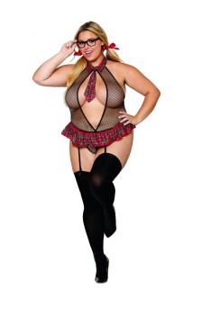 Dreamgirl - Women's Plus Size Schoolgirl-themed fishnet garter teddy set - DG12830X