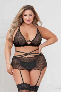 Seven Til Midnight - Two Piece Floral Lace Bra, Skirt, And G-String Set - STM11424XP