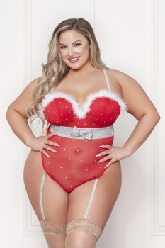Seven Til Midnight - Rhinestone studded mesh teddy with marabou trim  - STM11470X