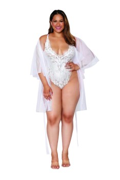 Dreamgirl - Women's Plus Size Stretch mesh robe and bonded stretch lace teddy set - DG12803X