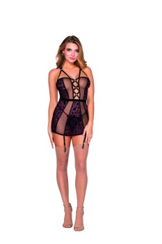 Dreamgirl - Women's Flocked Cheetah Print Mesh Halter Garter Slip with Criss-Cross Double Shoulder Straps - DG12428
