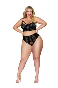 Dreamgirl - Women's Plus Size Stretch Mesh & Galloon Lace Underwire Bustier & Lace-Up Panty Set - DG12163X