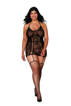 Dreamgirl - Women's Plus Size Lace Garter Dress with Criss-Cross Details - DG0331X