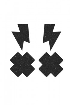 Fantasy Lingerie - BLACK GLITTER 2-PAIR PASTIES SET 1 pair of Lightning Bolts & 1 pair of Crosses - FL-FLA103