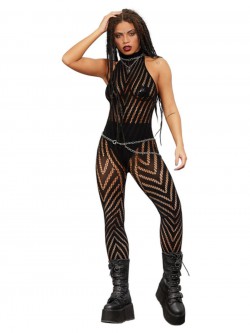 Fever - Fever Sleeveless V Striped Bodystocking - FV20795