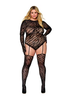 Dreamgirl - Women's Plus Size Zebra fishnet teddy bodystocking with long sleeves - DG0420X