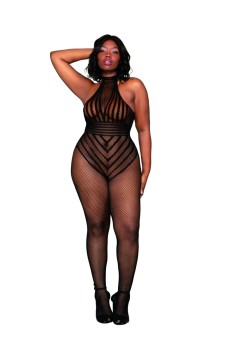 Dreamgirl - Women's Plus Size Open Crotch Fishnet Bodystocking with Halter Neck & T-Back Strap - DG0402X