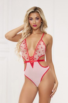 Seven Til Midnight - Embroidered heart and mesh thong teddy - STM11491
