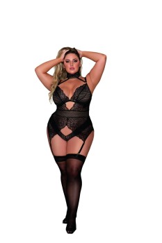 Dreamgirl - Women's Plus Size Scalloped Stretch Lace Garter teddy with Collar & Zig-Zag Detail - DG12462X