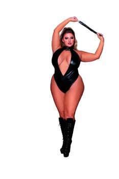Dreamgirl - Women's Plus Size Stretch Faux-Leather Halter Teddy with Studded Collar & Flogger Accessory - DG12450X