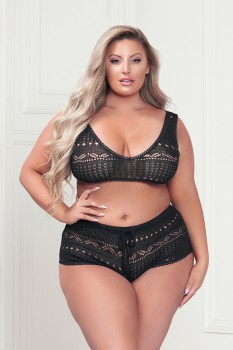 Seven Til Midnight - Two Piece Bralette Set.  Open Sweater Knit Bralette With Picot Trim And Short With Tie Waist - STM11371X