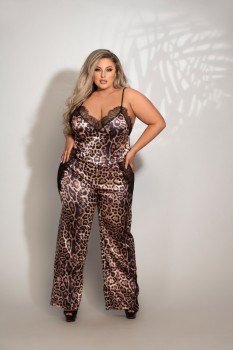 Seven Til Midnight - Two Piece Leopard Print Satin & Lace Cami And Pant Set - STM11299X