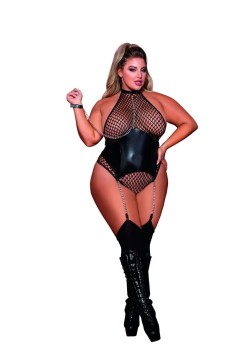 Dreamgirl - Women's Plus Size Large Fishnet Corset-Style Halter Teddy with Attached Collar & Chain Leash Accent - DG12495X