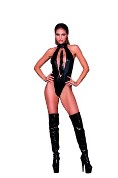 Dreamgirl - Women's Stretch Faux-Leather Halter Teddy with Studded Collar & Flogger Accessory - DG12450