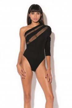 Hauty - One sleeve bodysuit with fishnet panel. - HAU1672