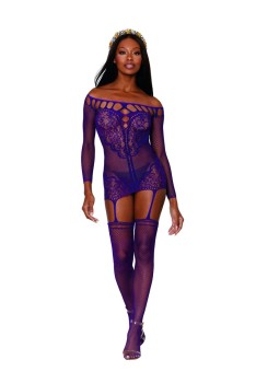 Dreamgirl - Women's Fishnet and decorative scalloped lace garter dress - DG0446