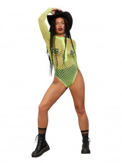 Fever - Fever Long Sleeve Zipped Bodystocking, Neon Yellow - FV61993